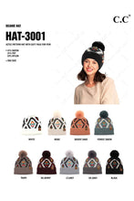 Load image into Gallery viewer, C.C Soft Aztec Pattern Beanie with Faux Fur Pom: Black
