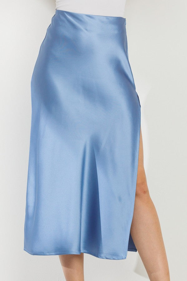Time Slipped Away Satin Midi Skirt in Blue