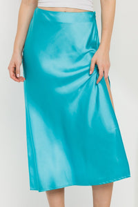 Time Slipped Away Satin Midi Skirt in Turquoise