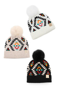 C.C Aztec Pattern Kids Hat with Soft Faux Fur Pom: Beige