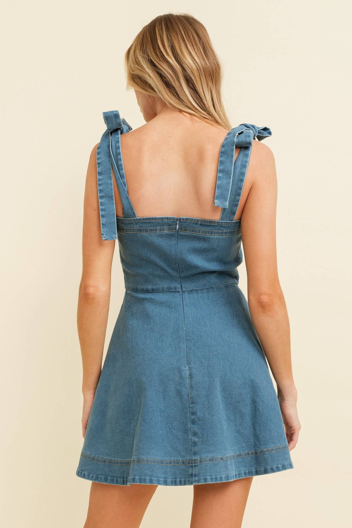 denim dress with bow straps strapless bow front denim mini dress RK Collections Boutique