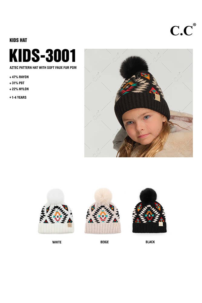 C.C Aztec Pattern Kids Hat with Soft Faux Fur Pom: Beige