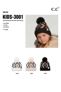 C.C Aztec Pattern Kids Hat with Soft Faux Fur Pom: Beige
