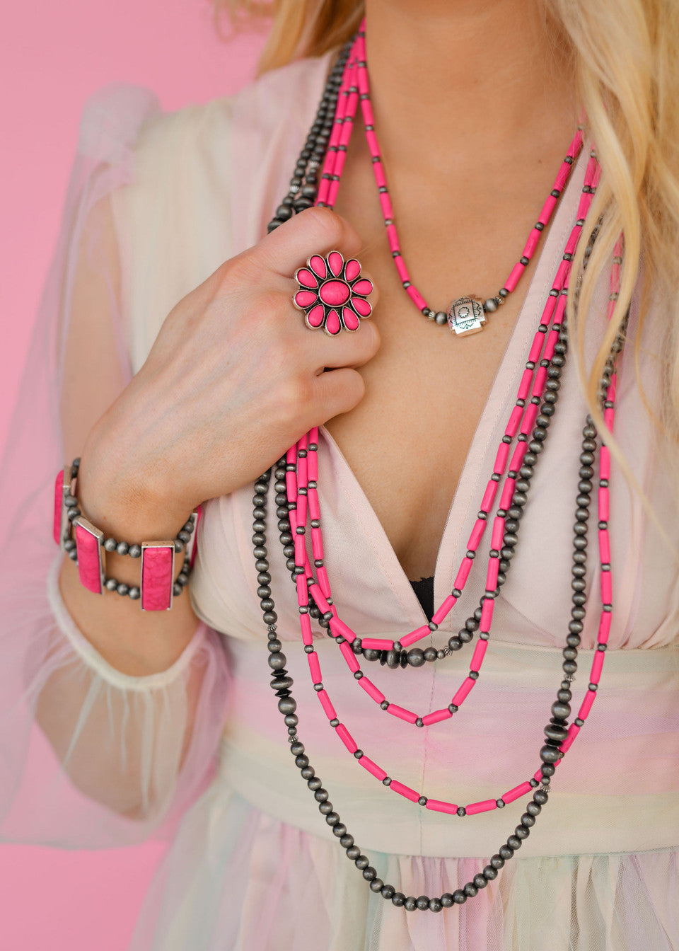 Three Strand Pink Bead Necklace