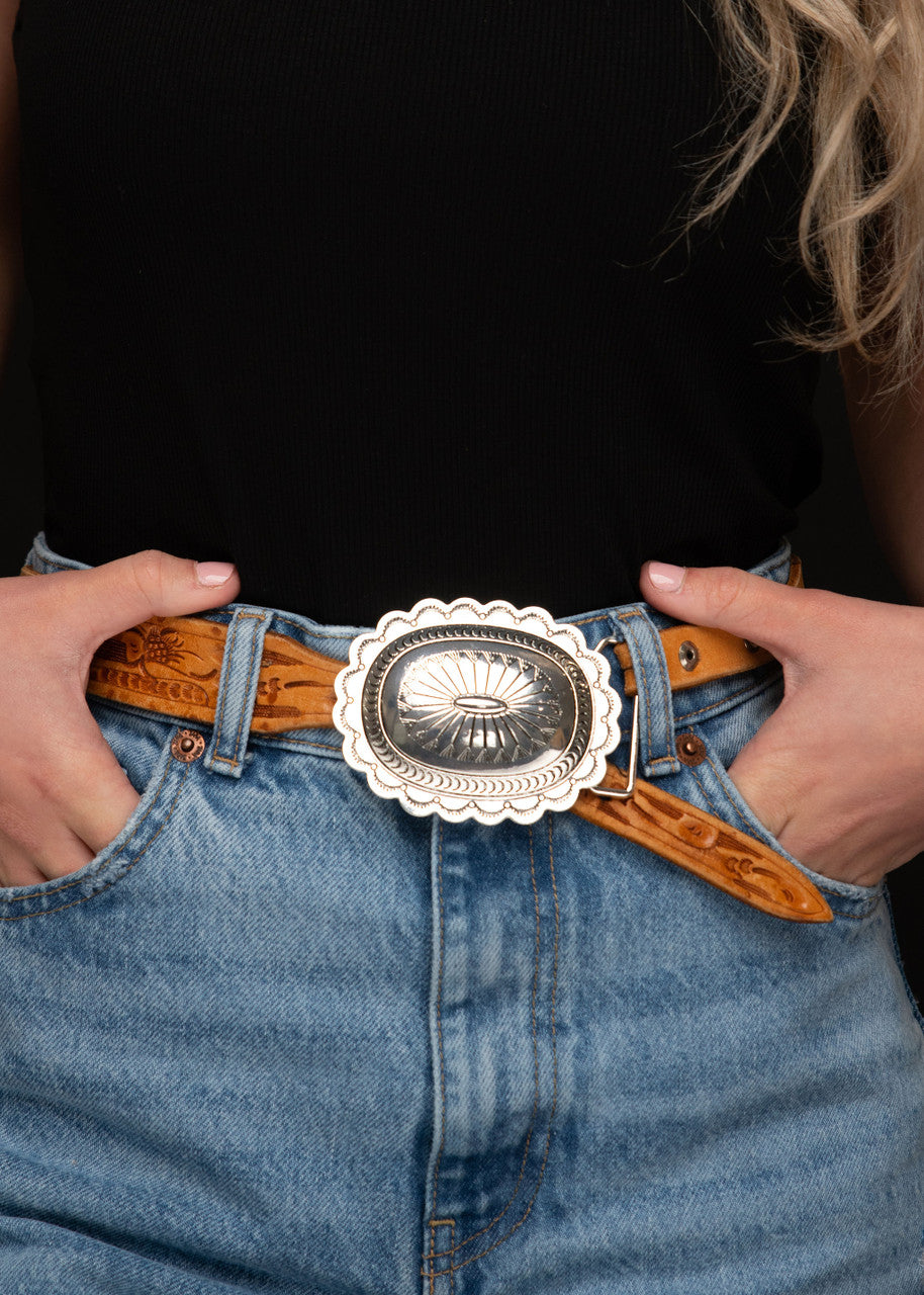 Oval Burnished Silver Stamped Concho Buckle