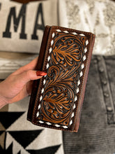 Load image into Gallery viewer, Whitley White Stitch Tri-Fold Tooled Wallet
