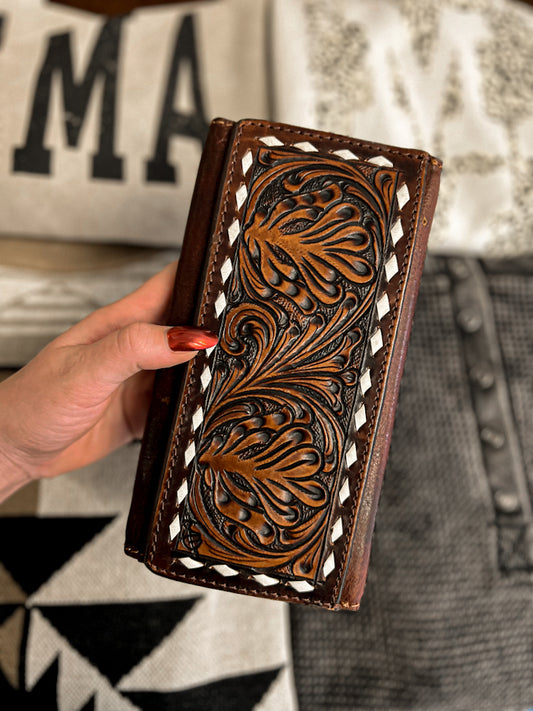 Whitley White Stitch Tri-Fold Tooled Wallet