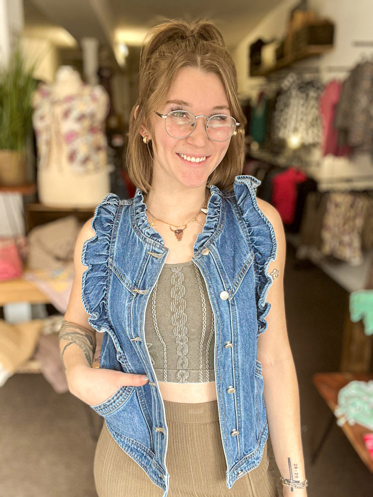 Ruffled Harmony Denim Vest