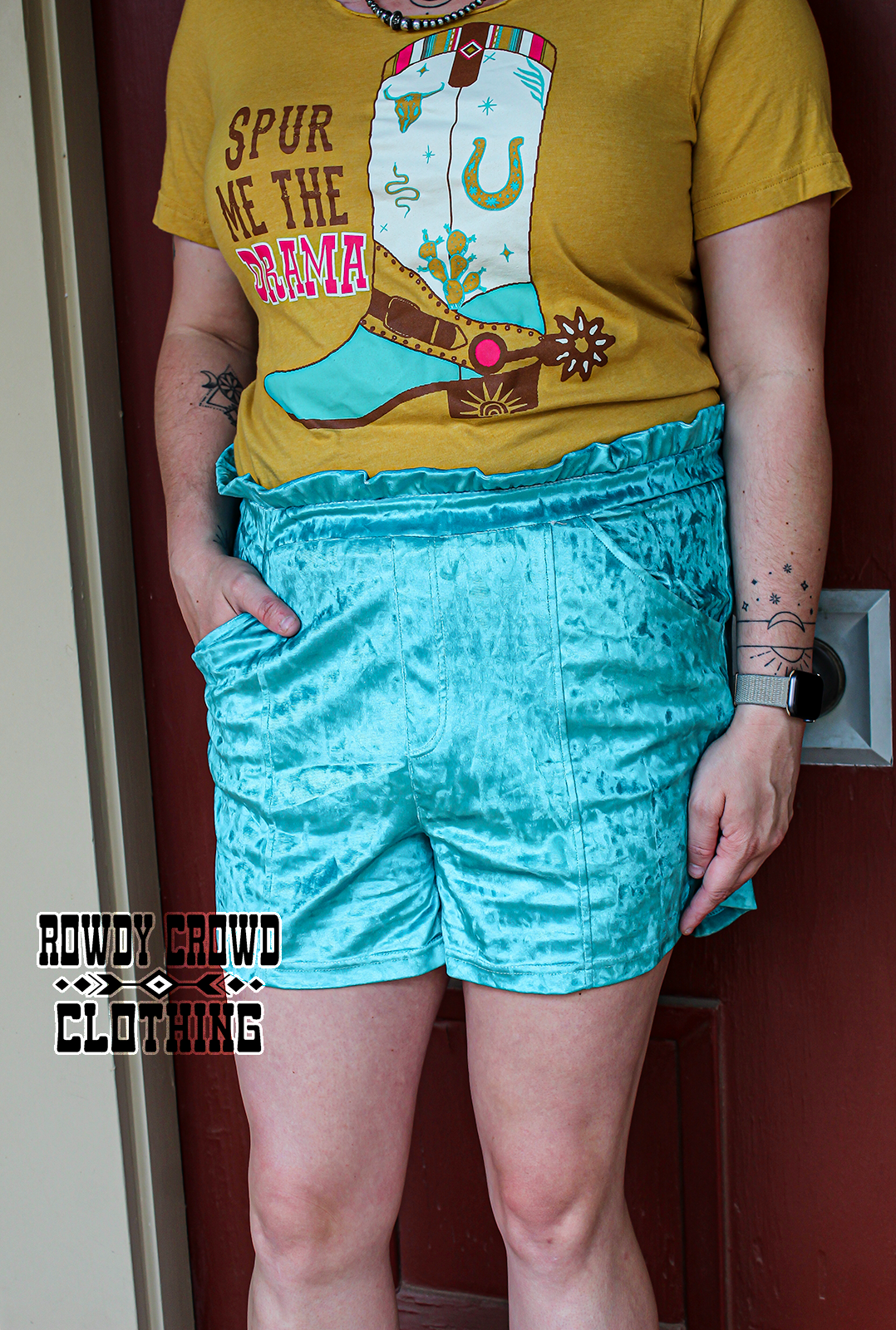 Turquoise Vetiver Velvet Shorts