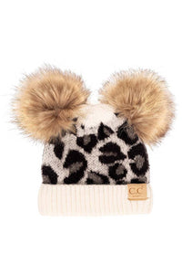 C.C Leopard Double Pom Beanie Hat for Baby: Light Melange Gray