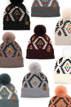 Load image into Gallery viewer, C.C Soft Aztec Pattern Beanie with Faux Fur Pom: Black

