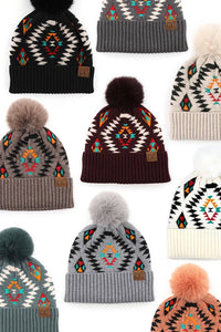 C.C Soft Aztec Pattern Beanie with Faux Fur Pom: Black