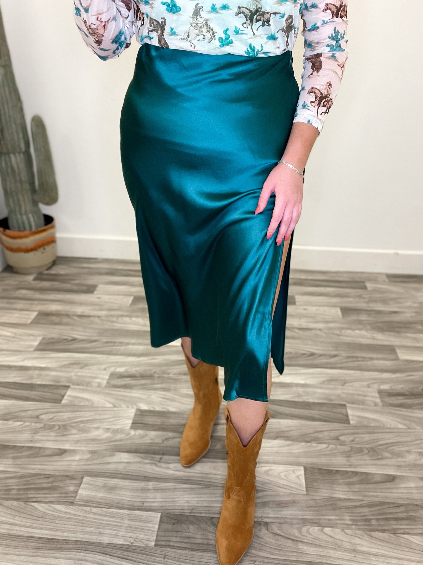 Time Slipped Away Satin Midi Skirt in Emerald