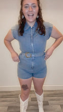 Load and play video in Gallery viewer, Atta Girl Denim Romper
