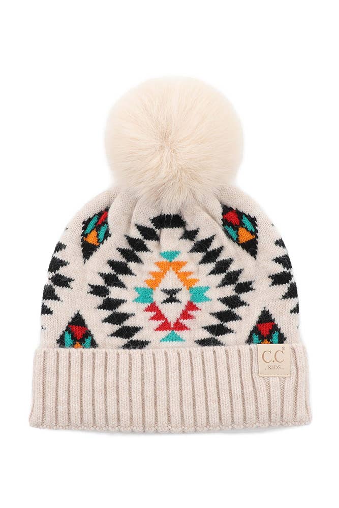 C.C Aztec Pattern Kids Hat with Soft Faux Fur Pom: Beige