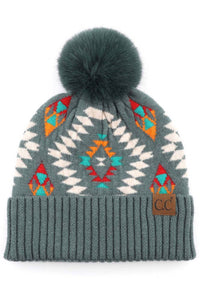 C.C Soft Aztec Pattern Beanie with Faux Fur Pom: Forest Green