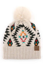 Load image into Gallery viewer, C.C Soft Aztec Pattern Beanie with Faux Fur Pom: Beige
