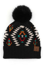 Load image into Gallery viewer, C.C Soft Aztec Pattern Beanie with Faux Fur Pom: Black
