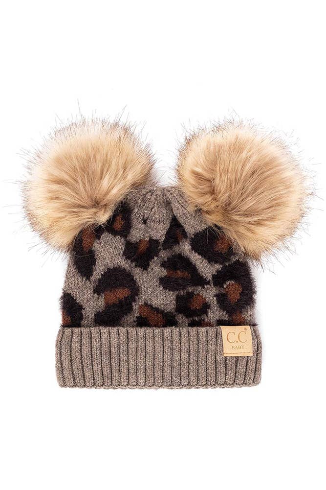 C.C Leopard Double Pom Beanie Hat for Baby: Light Melange Gray