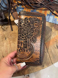 Tooled Cactus Leather Zip Wallet