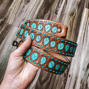 Turquoise Genuine Leather Tooled Bag // Camera Strap