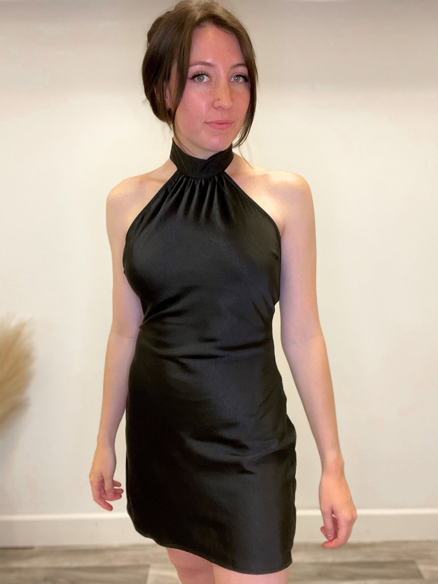 Isabel Satin Halter Mini Dress in Black • Threads Boutique Going